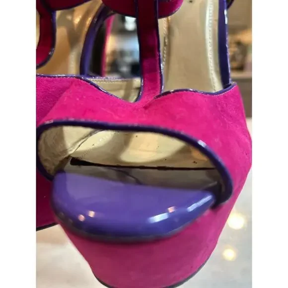 Shoedazzle Pink & Purple Strappy Platform Heels - Size 9 - Picture 4 of 5